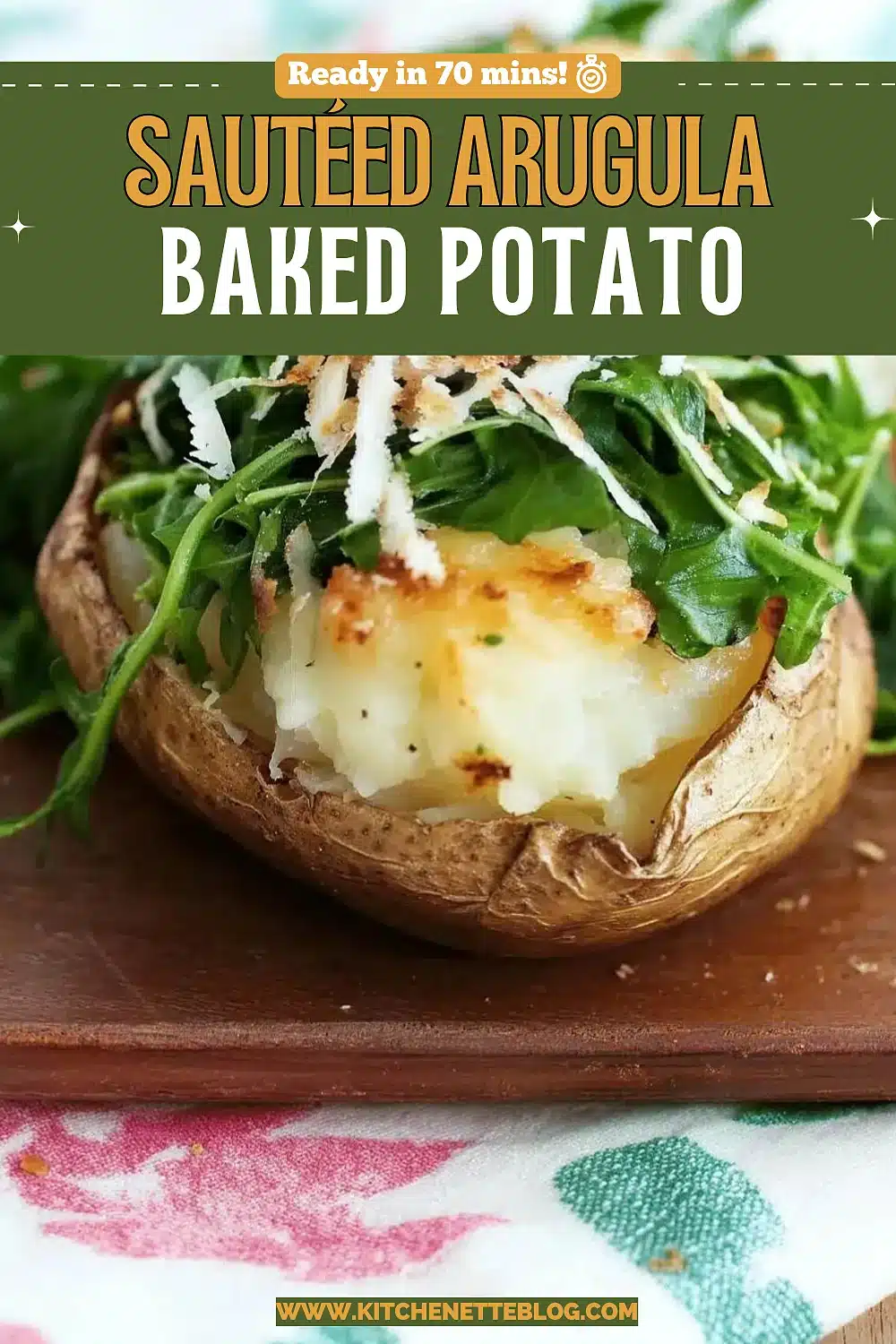 Split baked potato topped with melted cheese and fresh greens on a wooden board