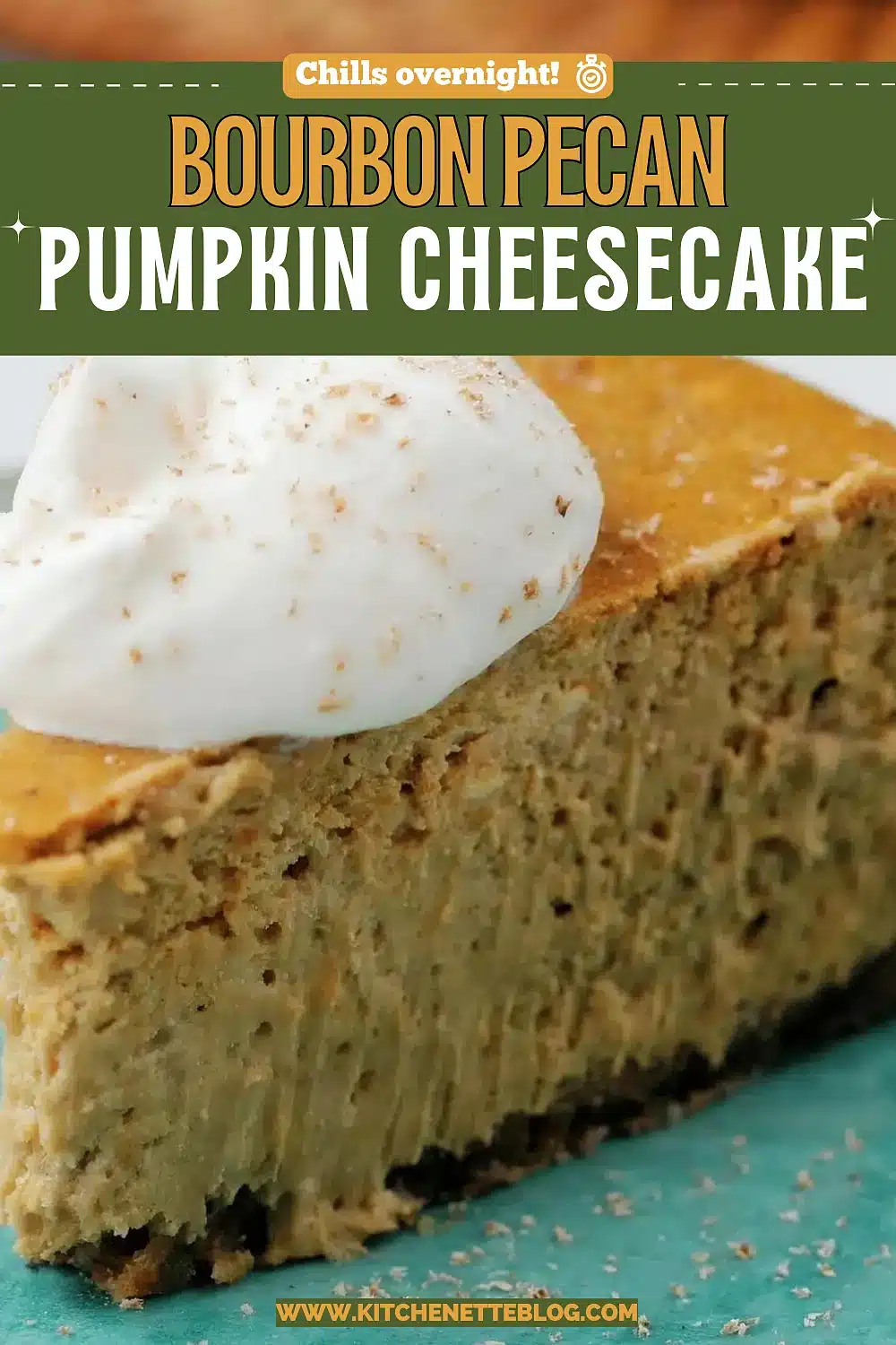 Thick wedge of a spiced autumn dessert with a whipped cream dollop on a teal plate