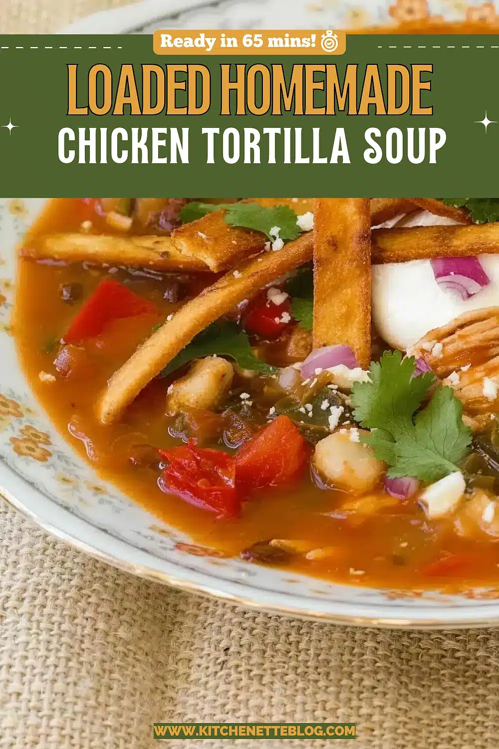 Deep bowl of brothy red stew with crisp fried strips, cilantro and red onion