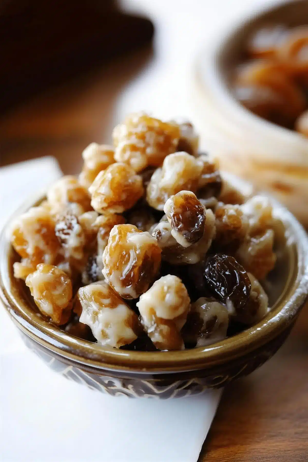 Yogurt covered raisins piled in a small ceramic bowl on a wooden table