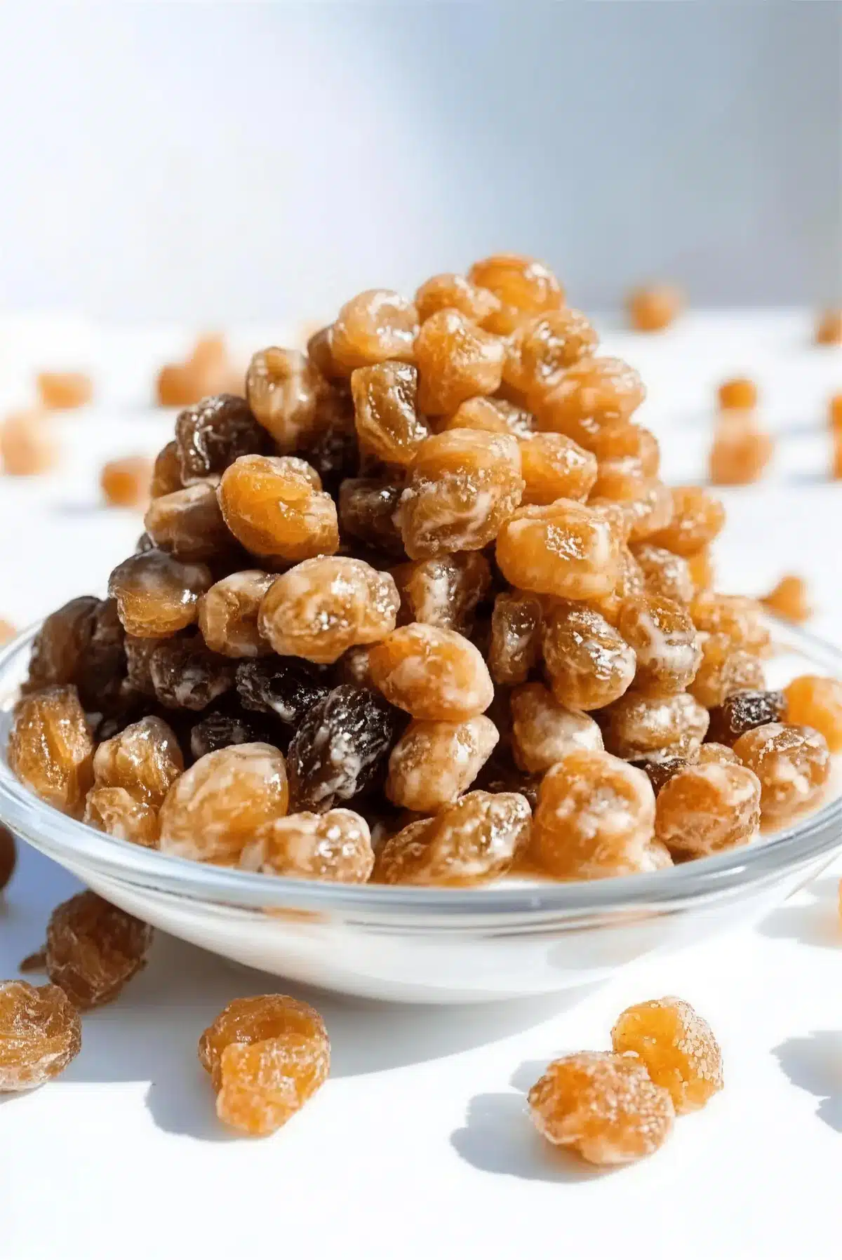 Glossy dried fruit heaped in a small glass bowl