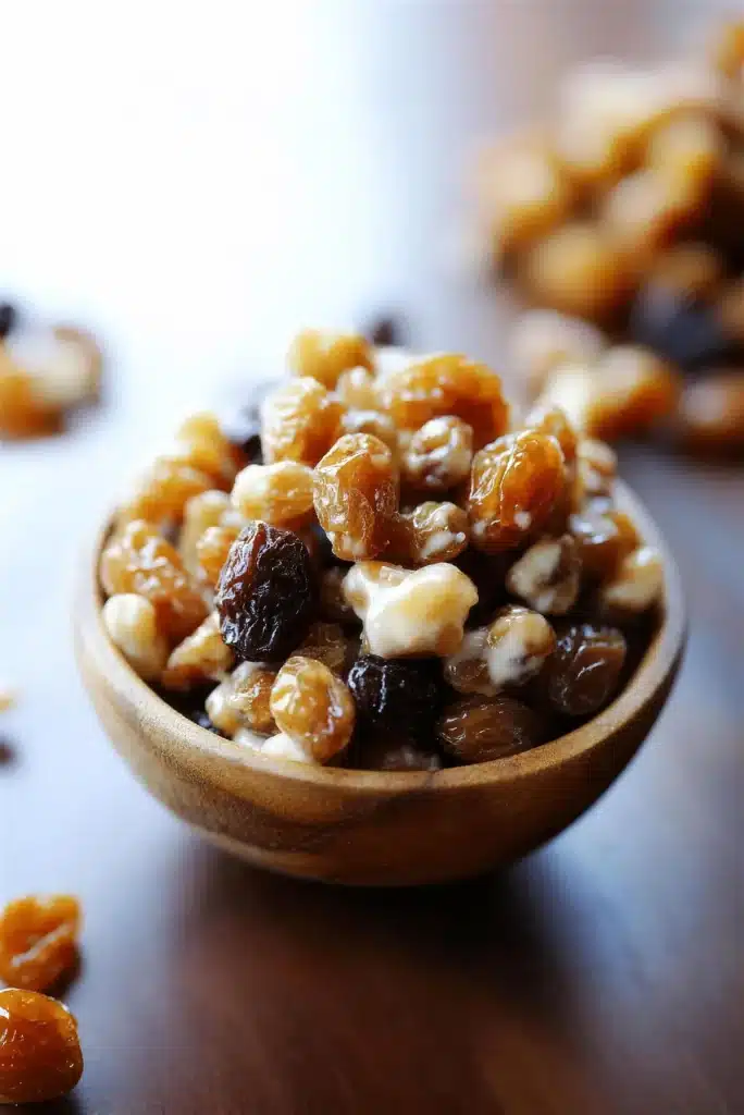 Yogurt covered raisins served in a small wooden bowl