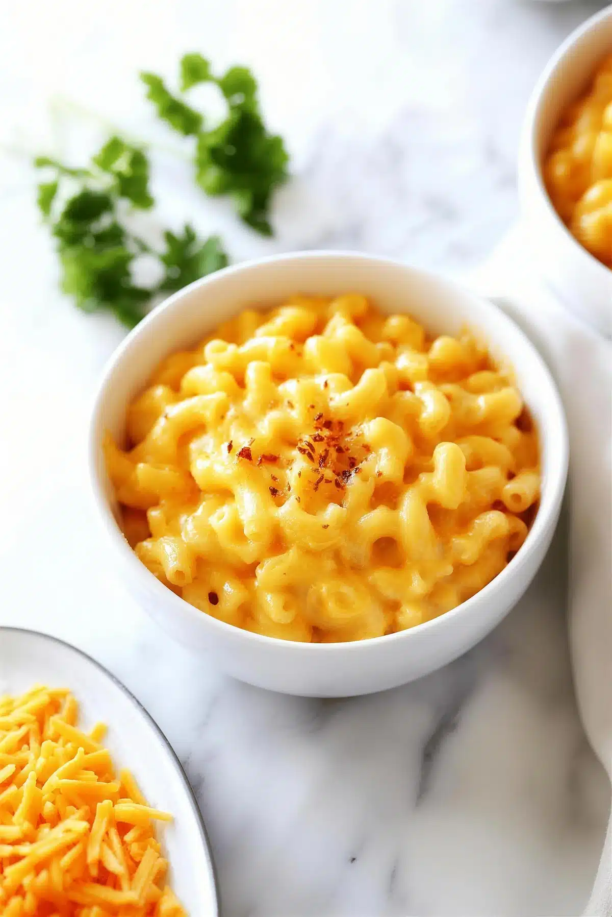 Two bowls of elbow pasta in a glossy orange sauce beside a dish of shredded cheddar