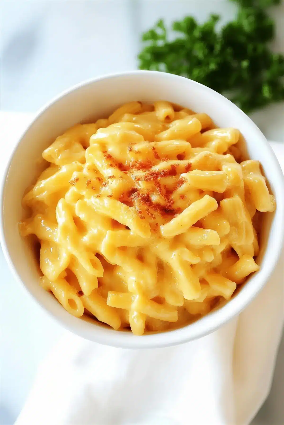 Outback mac and cheese in a white bowl dusted with paprika