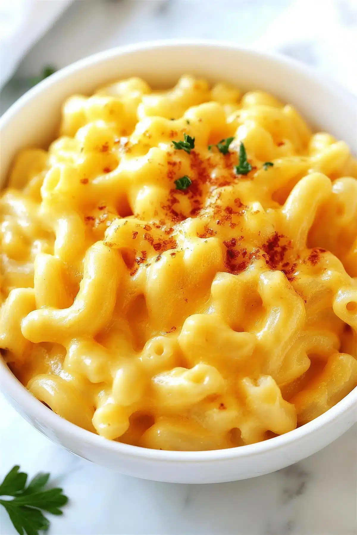 Outback mac and cheese topped with paprika and chopped chives