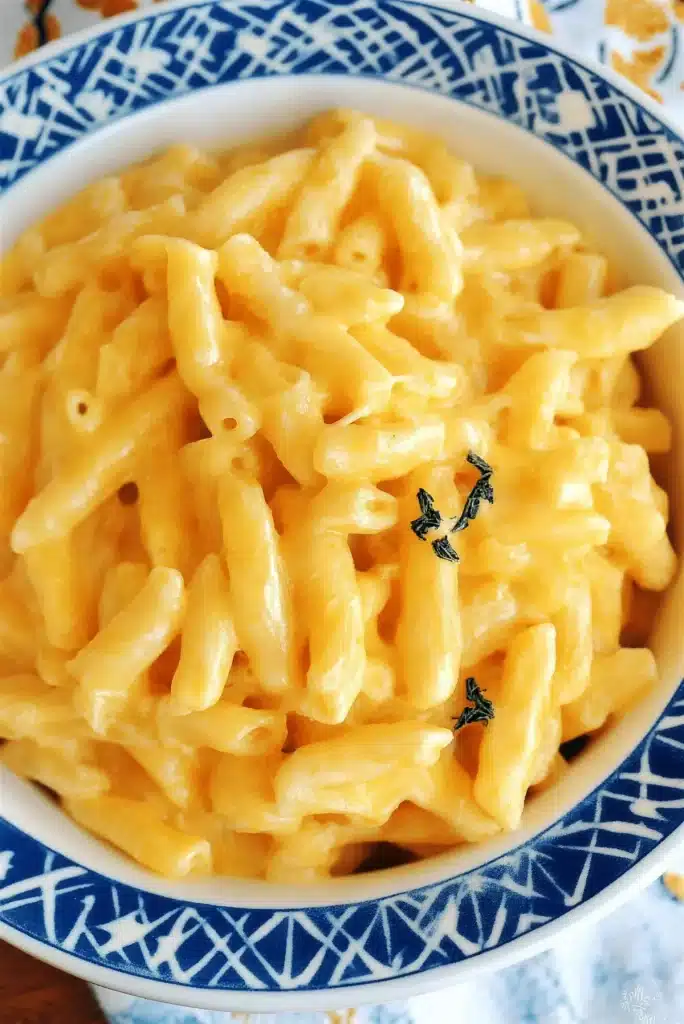Elbow pasta in a glossy orange sauce in a patterned blue bowl