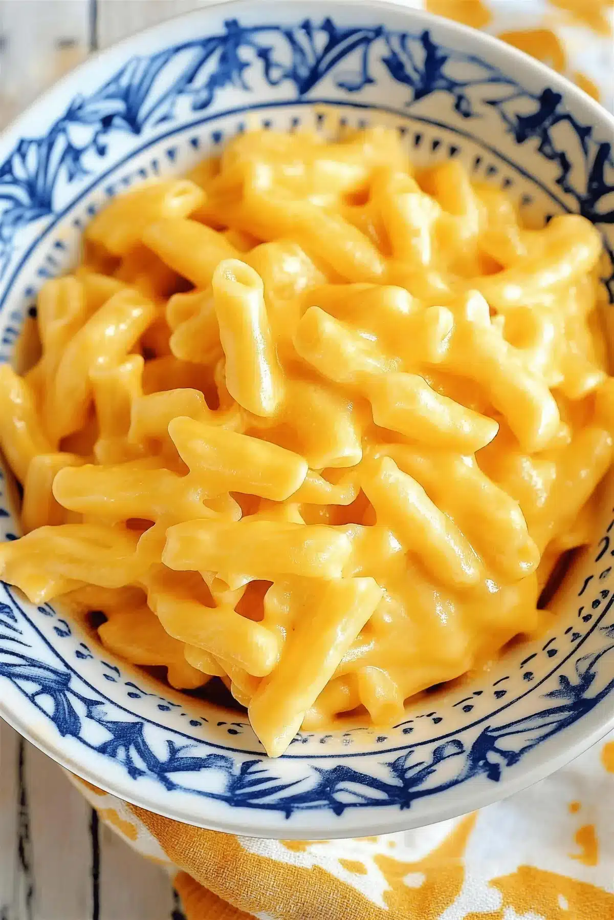 Creamy elbow pasta served in a patterned blue bowl