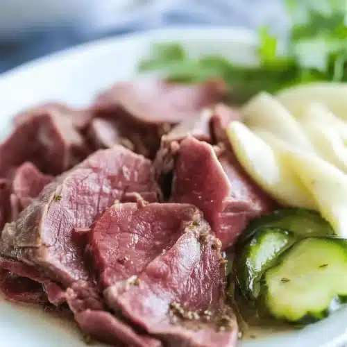 Pickled beef tongue sliced thin on a white plate with dill pickle spears