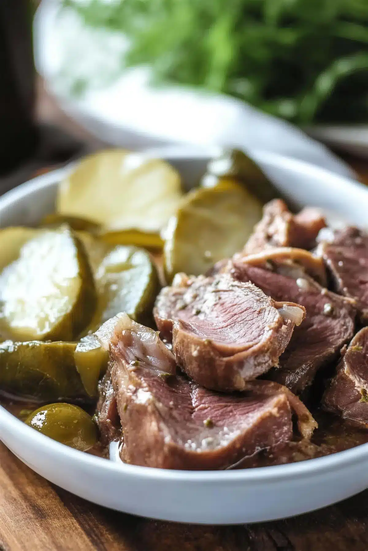 Thin slices of rosy cured meat with cucumber rounds and a pot of horseradish