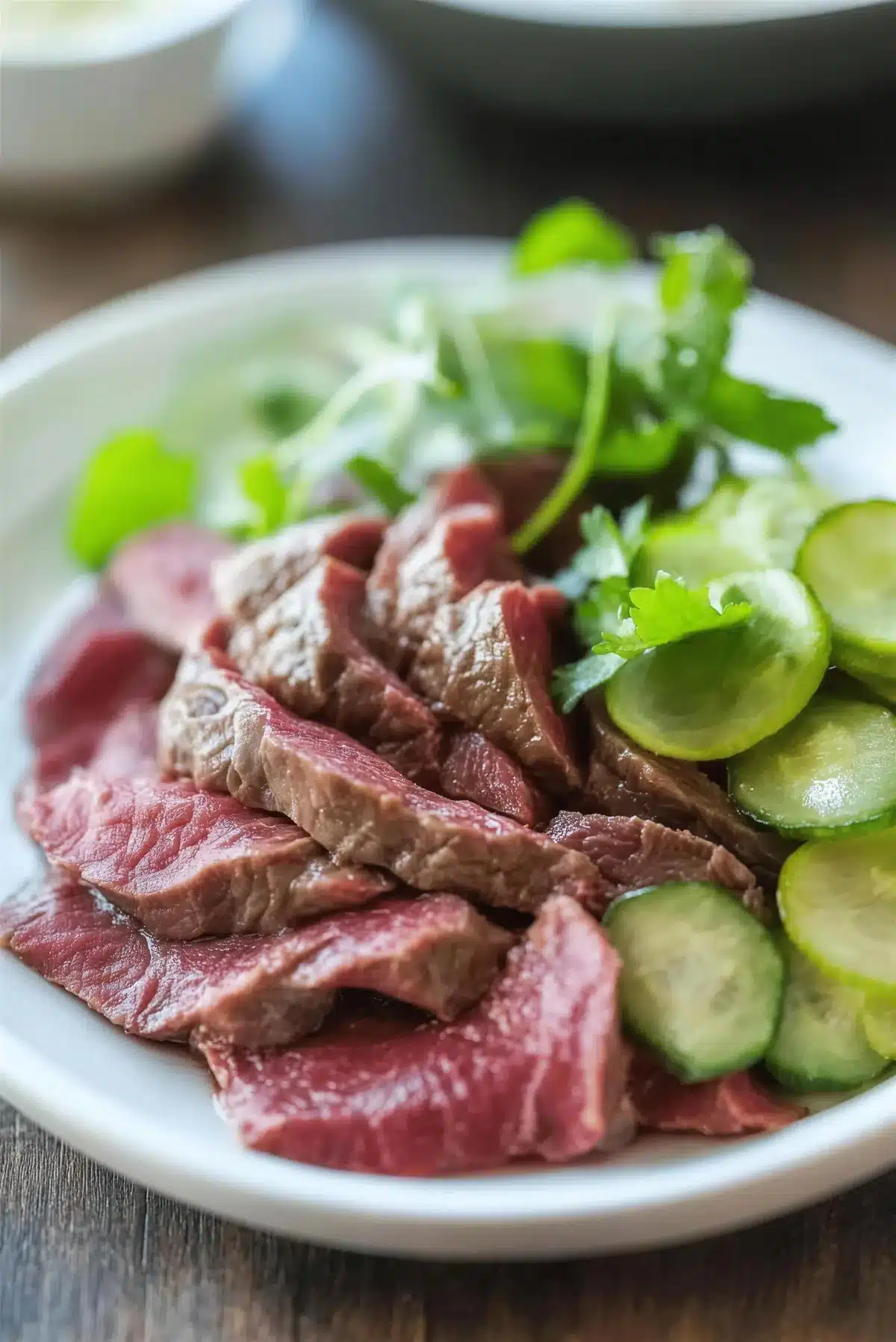 Pickled beef tongue on a white plate with cucumber rounds and fresh herbs