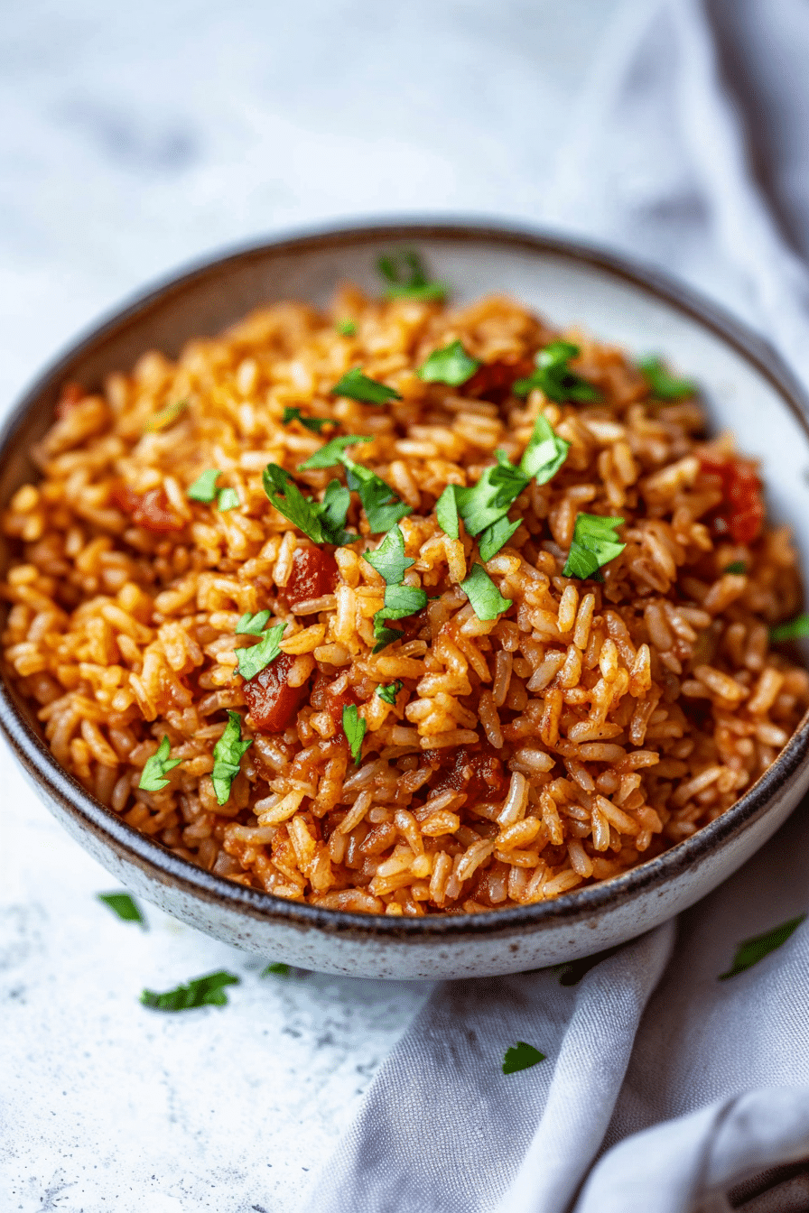 Fluffy spiced rice with visible herbs and warm golden tones.