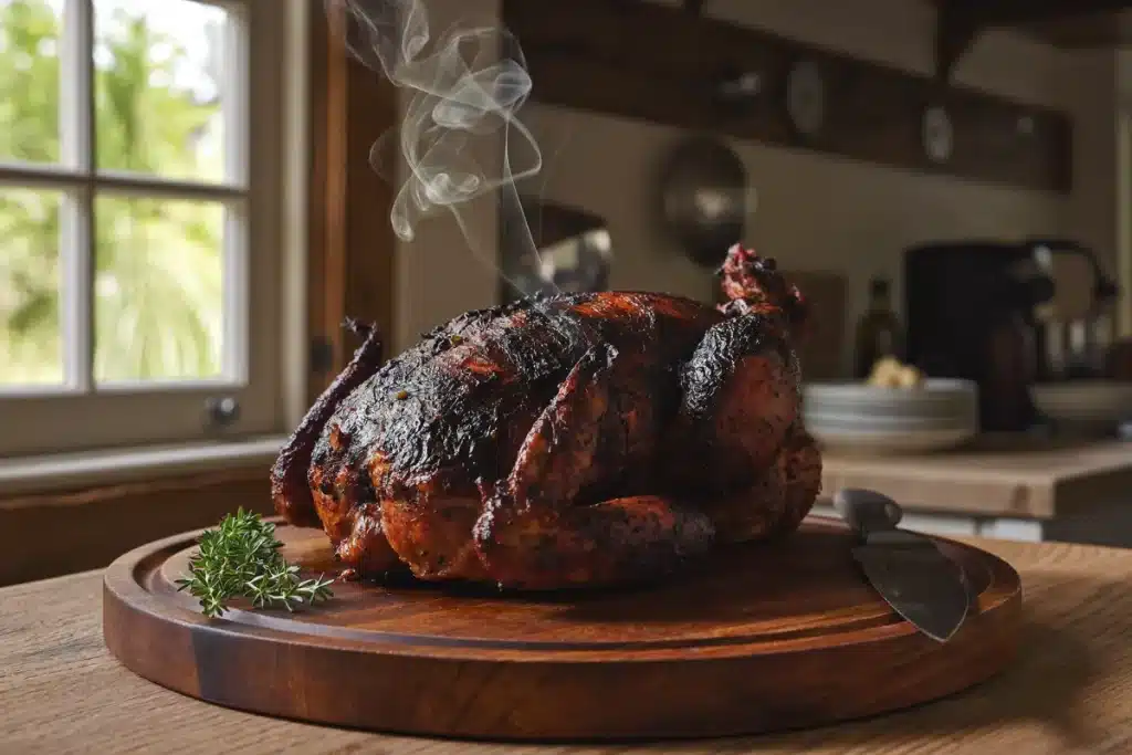 Whole smoked chicken with burnished mahogany skin resting on a wooden board