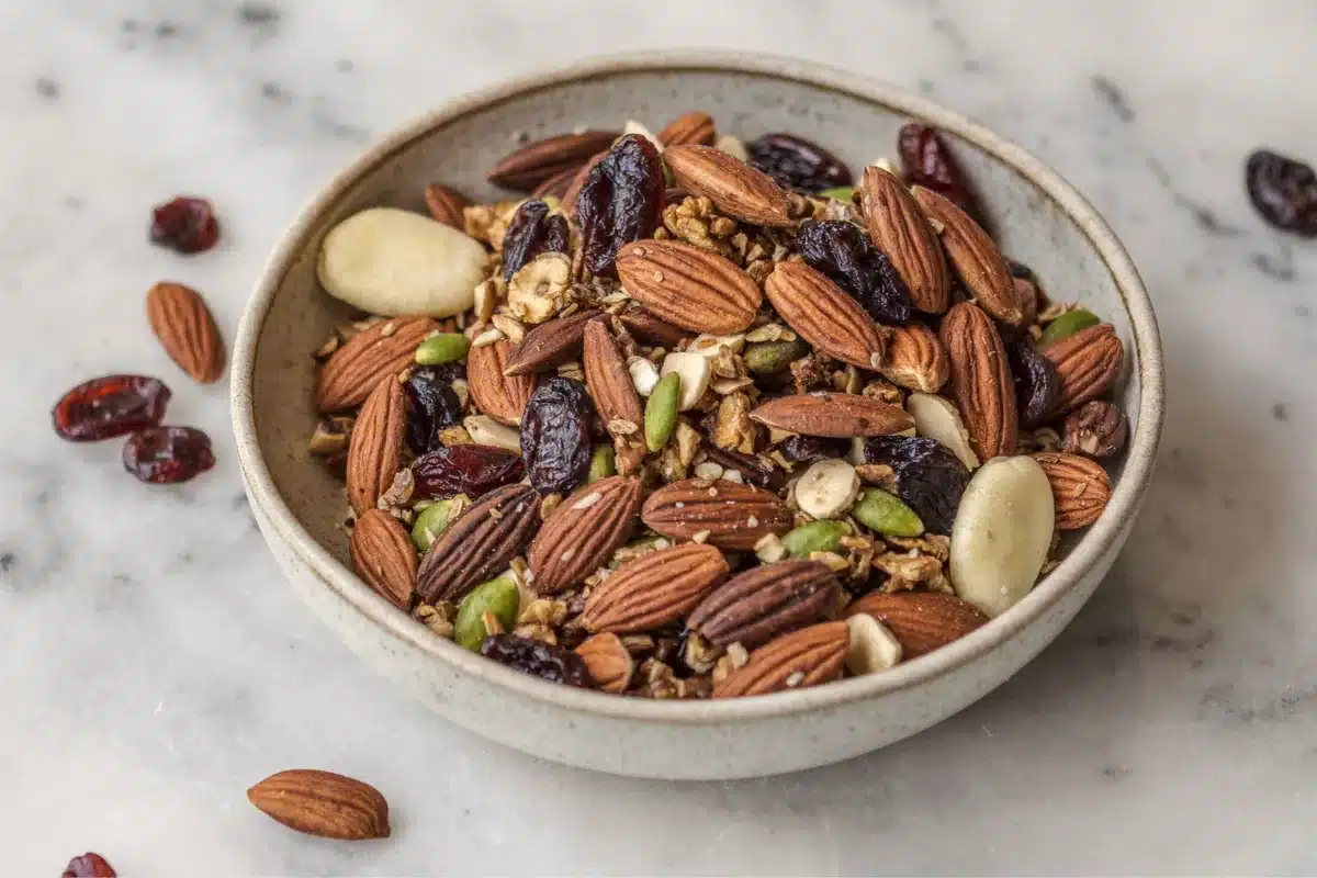 Smoked trail mix granola with nuts and dried fruit in a bowl on marble