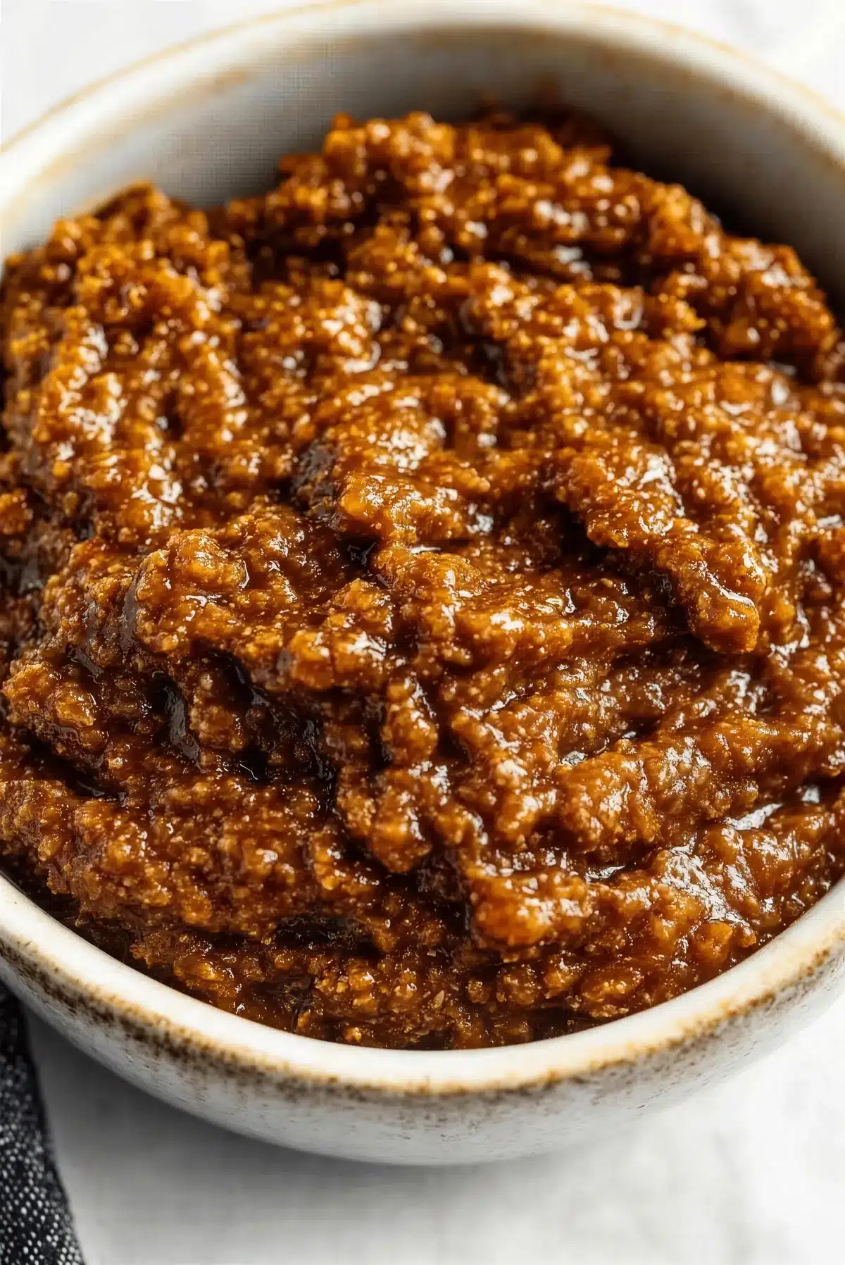 Coney sauce in a speckled bowl, thick enough to mound on a spoon