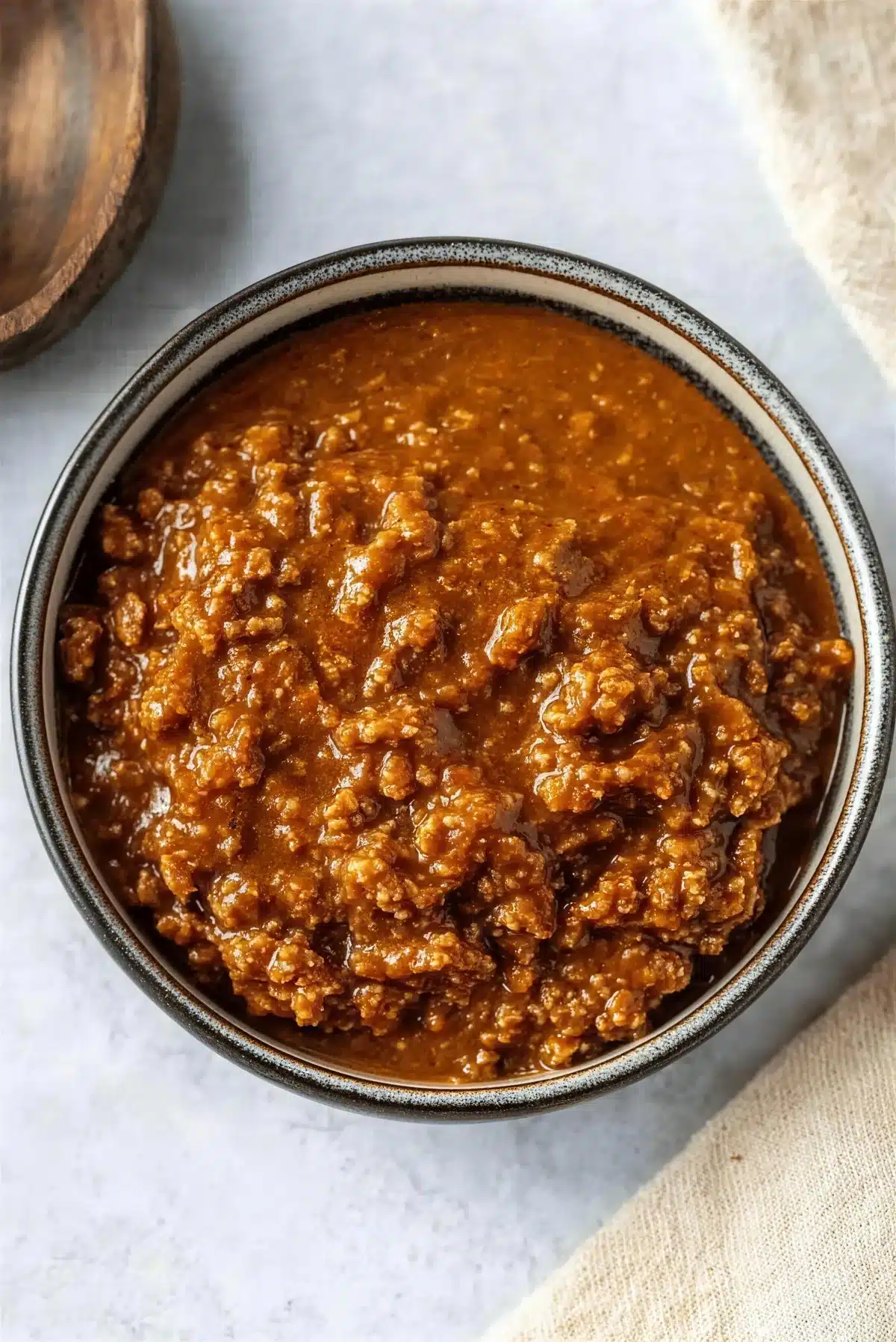 Overhead view of a dark bowl of simmered ground beef