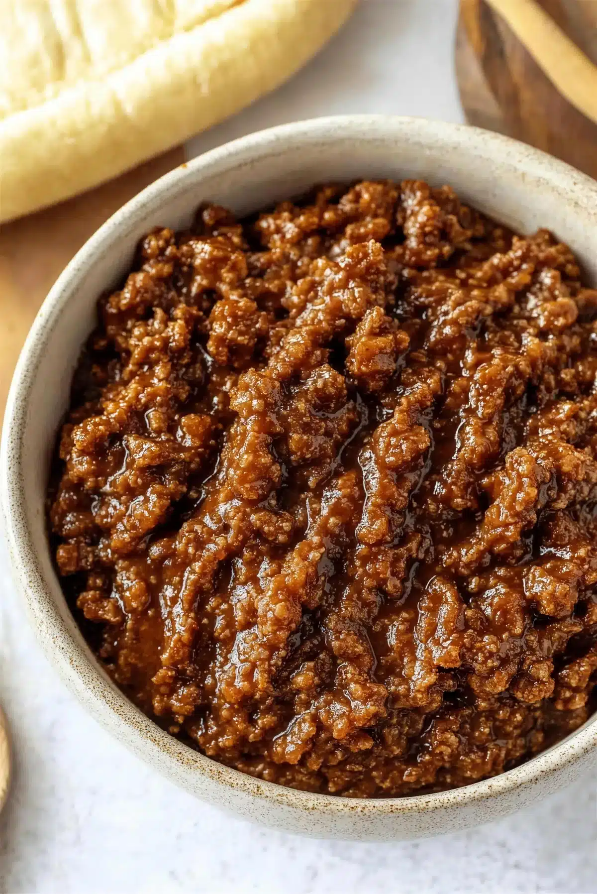 Bowl of spiced meat topping with soft buns behind it