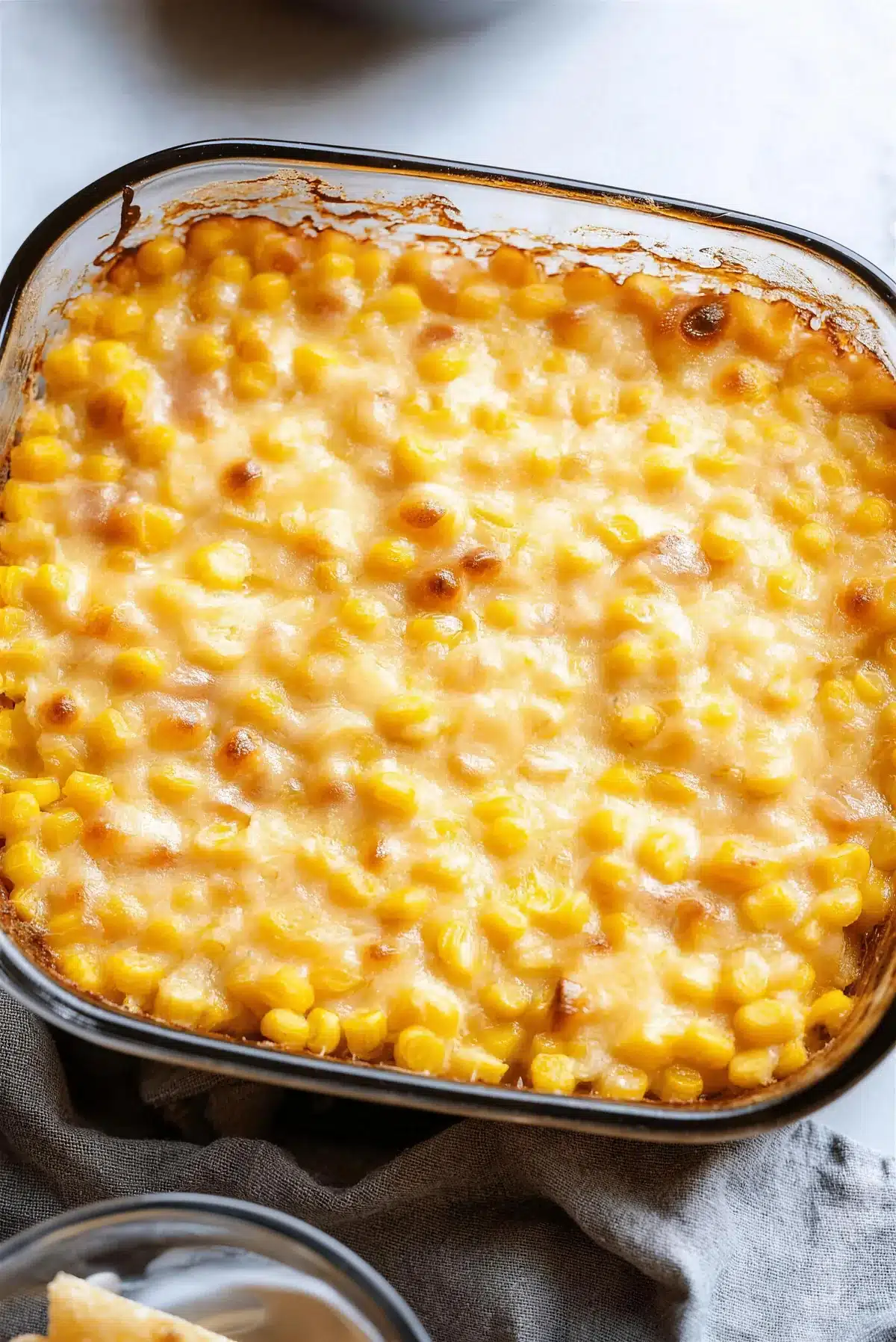 Close-up of creamy cheesy corn under a blanket of melted cheese