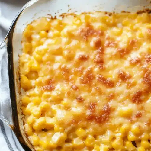 Baked cheesy corn casserole with golden browned cheese across the top