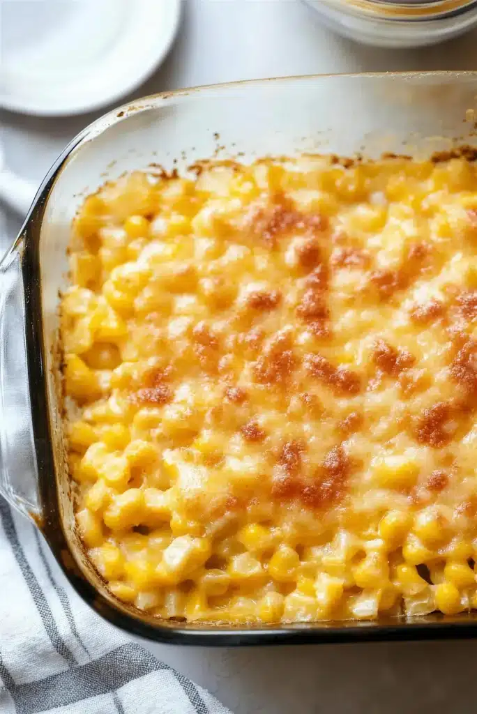 Baked cheesy corn casserole with golden browned cheese across the top