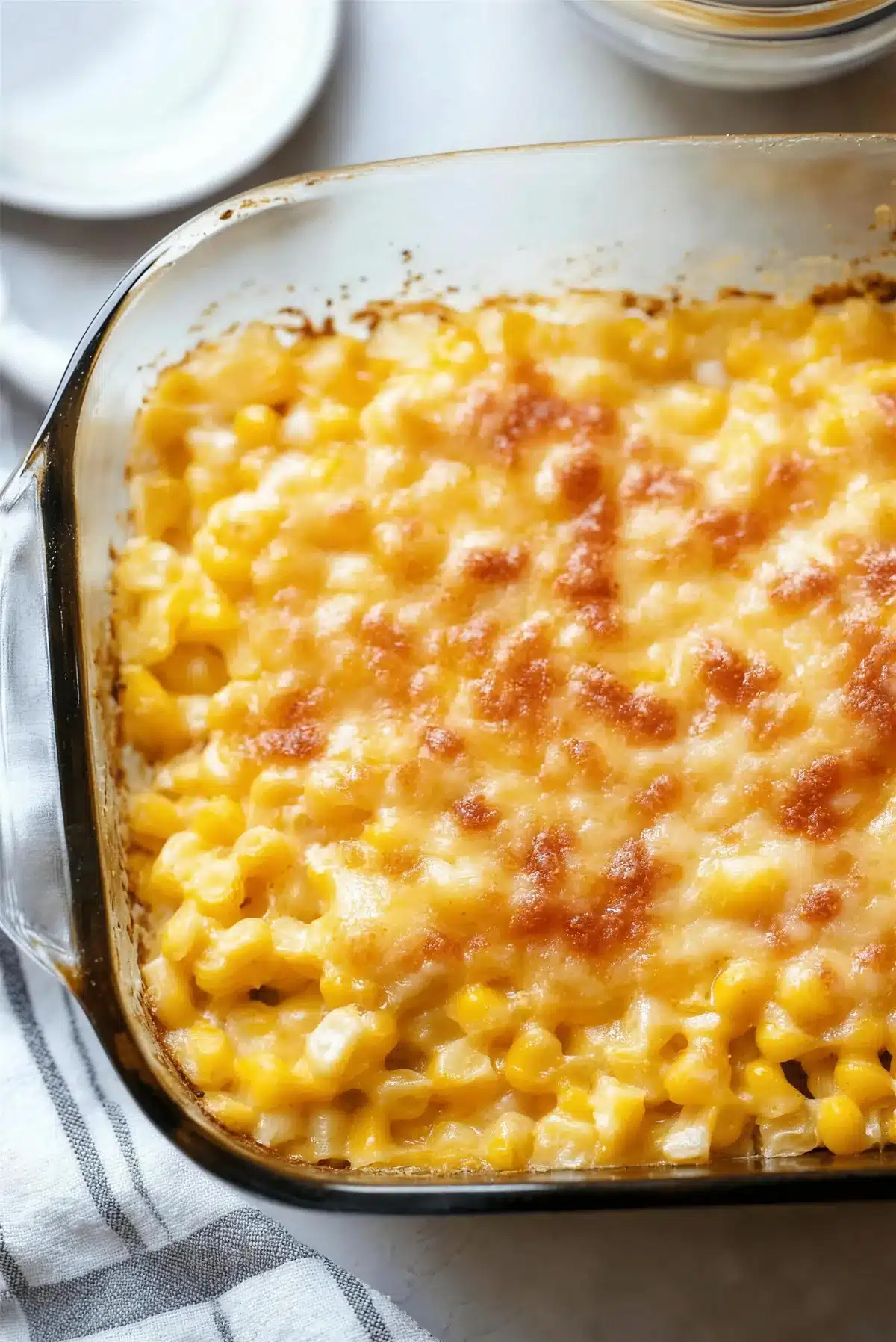 Baked cheesy corn casserole with golden browned cheese across the top