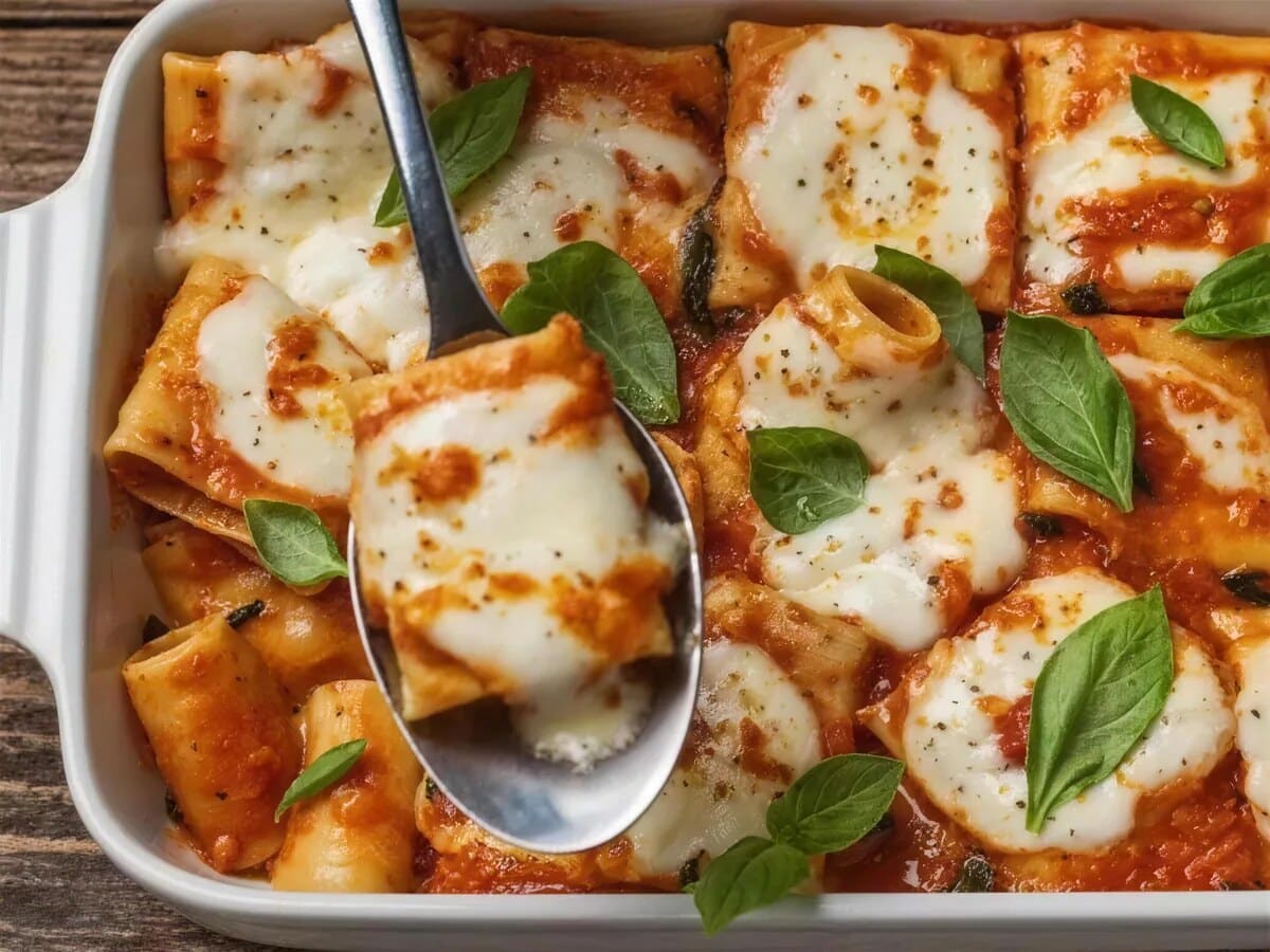 San Giorgio baked ziti lifted from the dish on a serving spoon