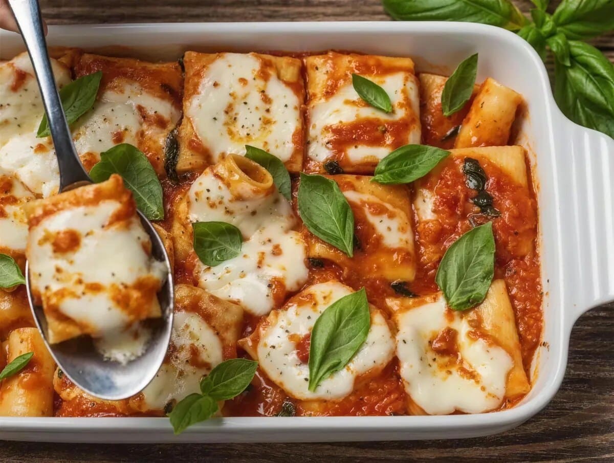 Tubes of pasta under browned mozzarella with fresh basil leaves