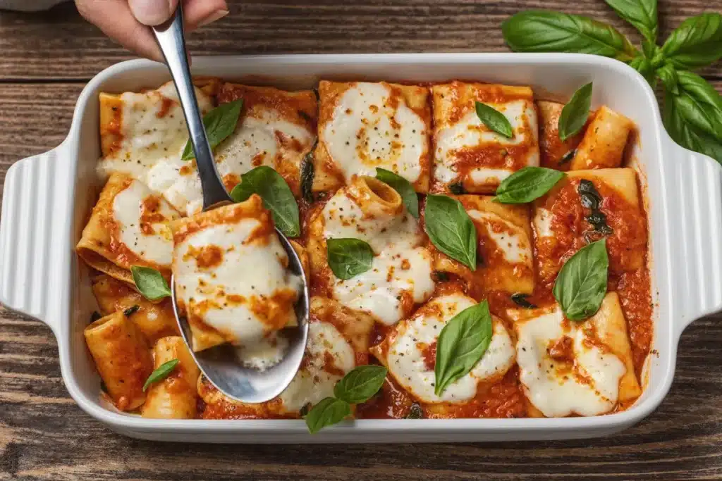 Baked pasta in a white dish with mozzarella and basil, spoon lifting a portion