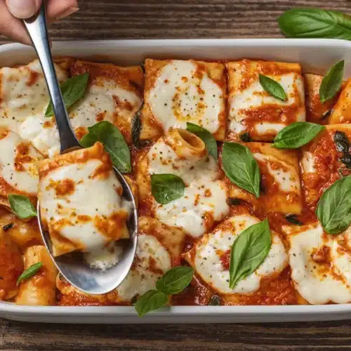 Baked pasta in a white dish with mozzarella and basil, spoon lifting a portion