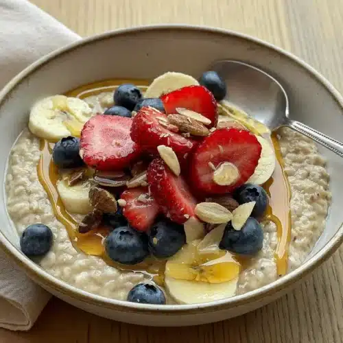 Bowl of thick creamy porridge topped with strawberries, blueberries, banana and almonds
