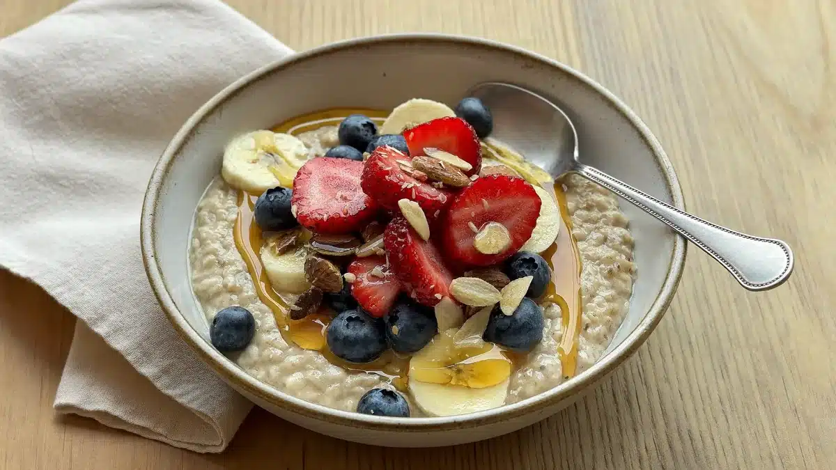 Bowl of thick creamy porridge topped with strawberries, blueberries, banana and almonds