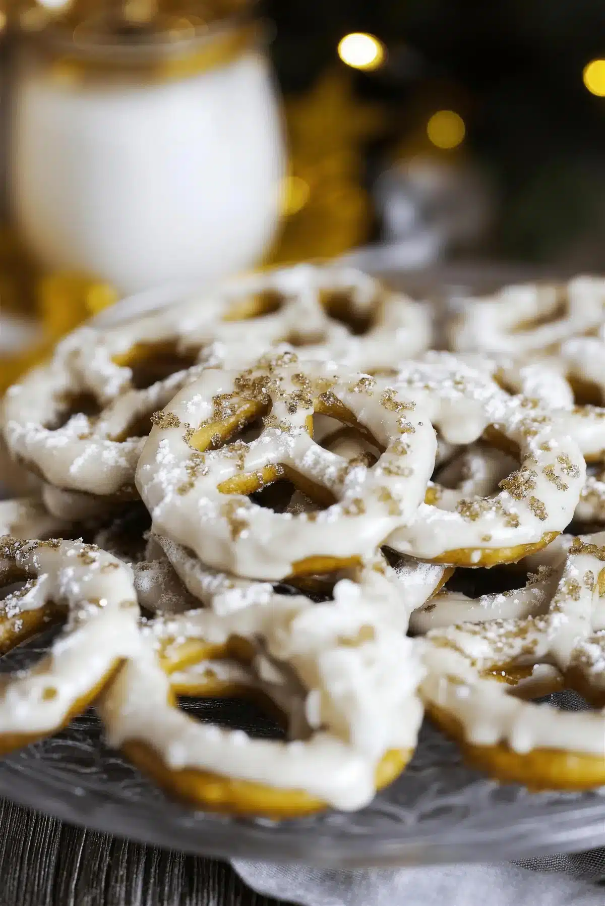 Yogurt covered pretzels stacked on a cut glass plate dusted with powdered sugar