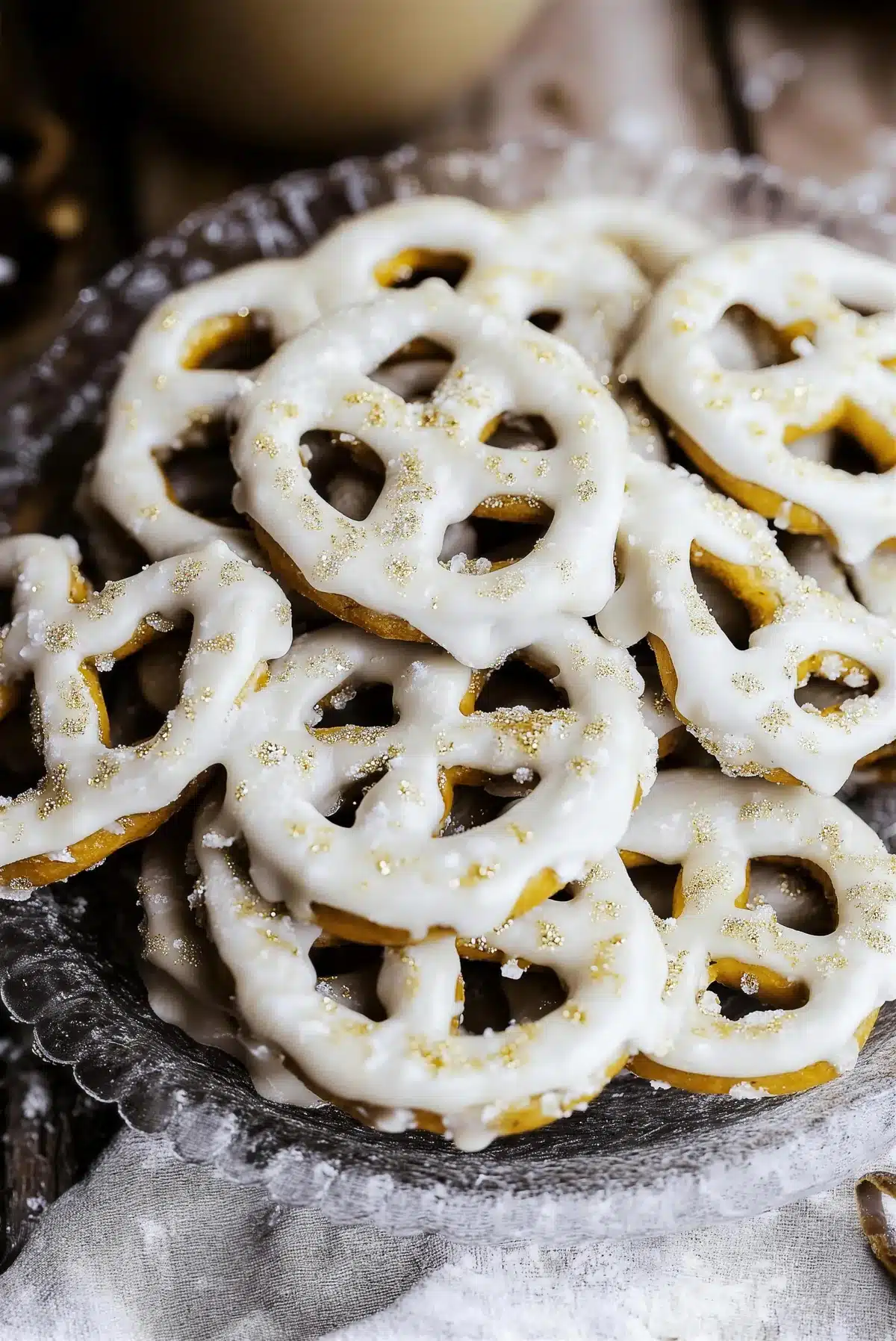 Yogurt covered pretzels heaped on a dark scalloped dish under a light dusting of sugar
