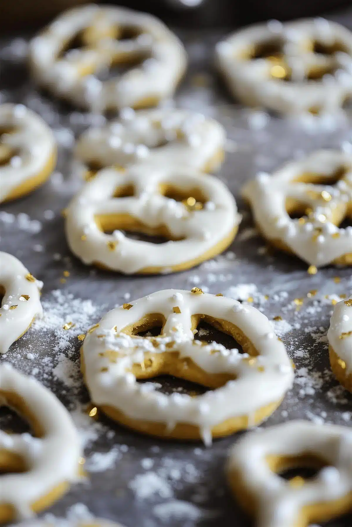 White-glazed pretzel twists setting in rows on a gray surface with sprinkles scattered around