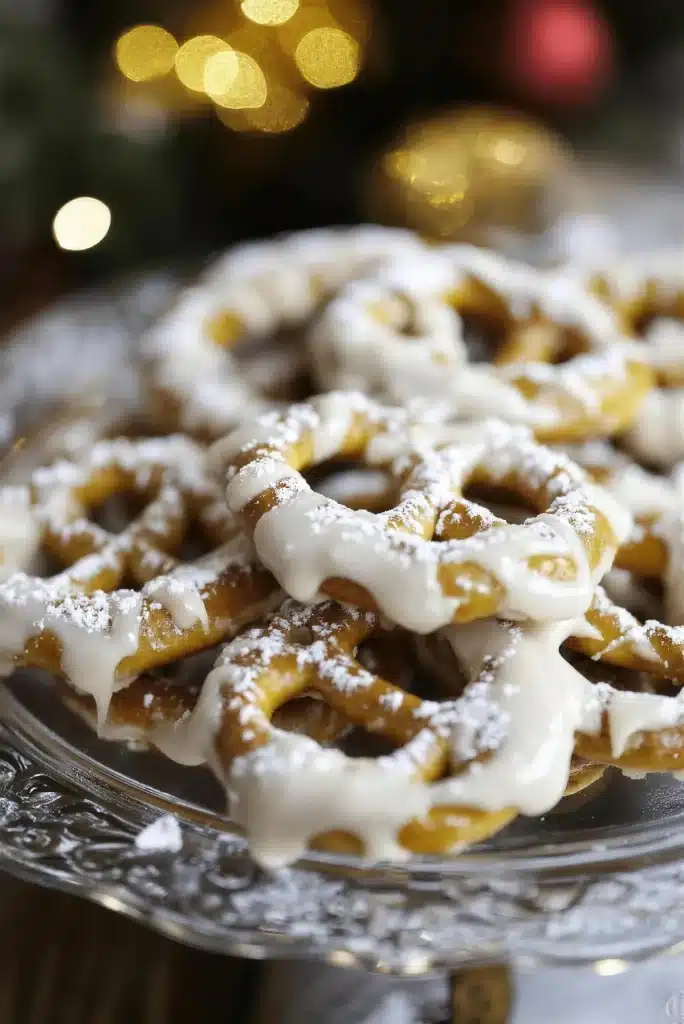 Glazed pretzel twists on a glass stand with warm holiday lights behind