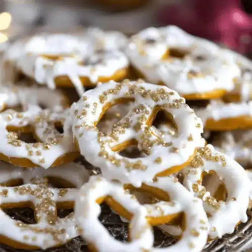 Coated pretzel twists topped with gold sanding sugar, stacked in a pile