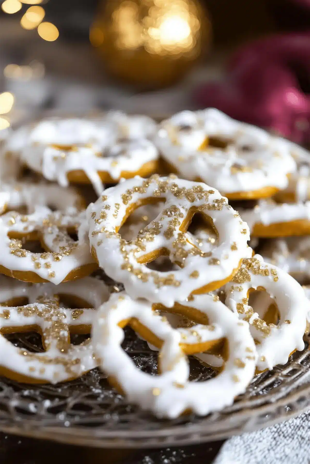 Coated pretzel twists topped with gold sanding sugar, stacked in a pile