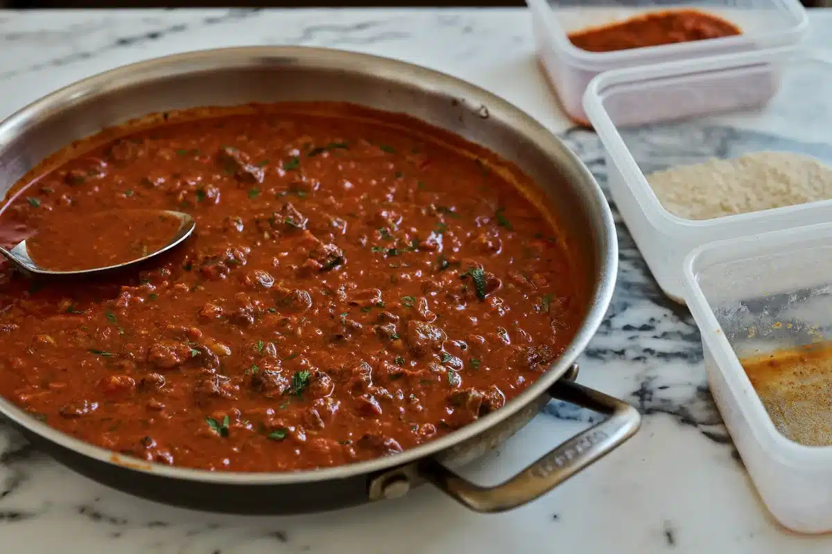 Bolognese sauce cooling in a pan before freezing