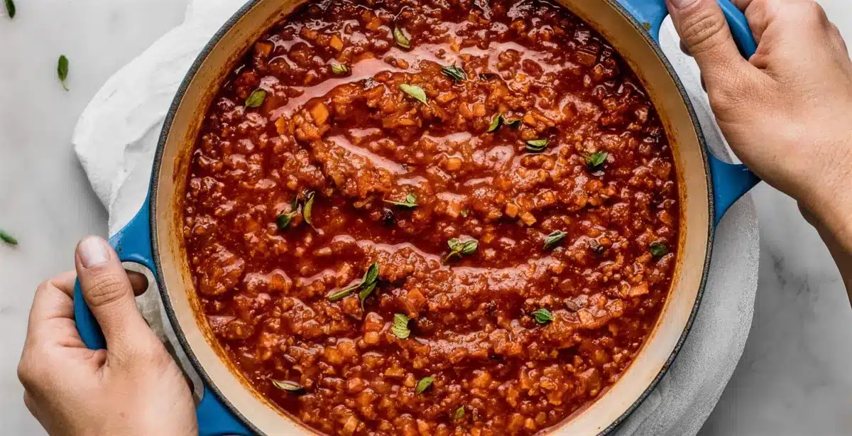 Bolognese-sauce-in serving pan-kitchenetteblog.com