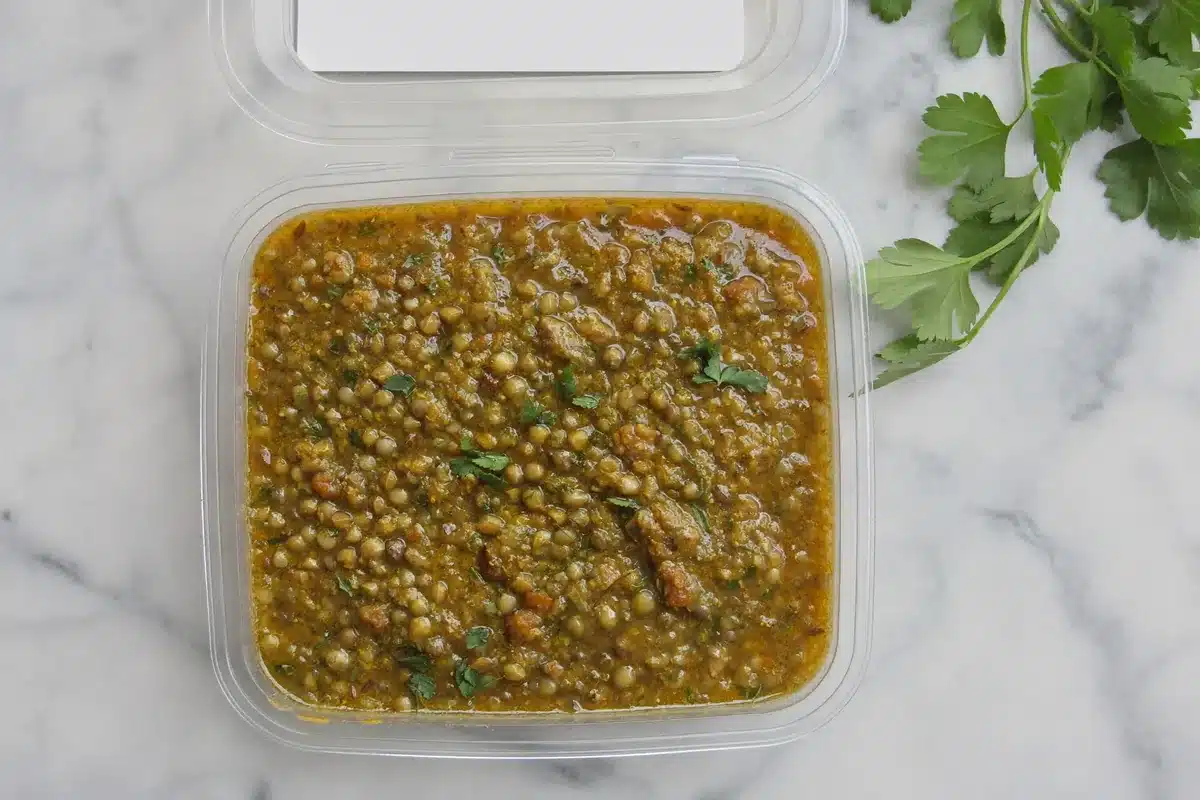 Lentil curry in a clear container ready for the freezer