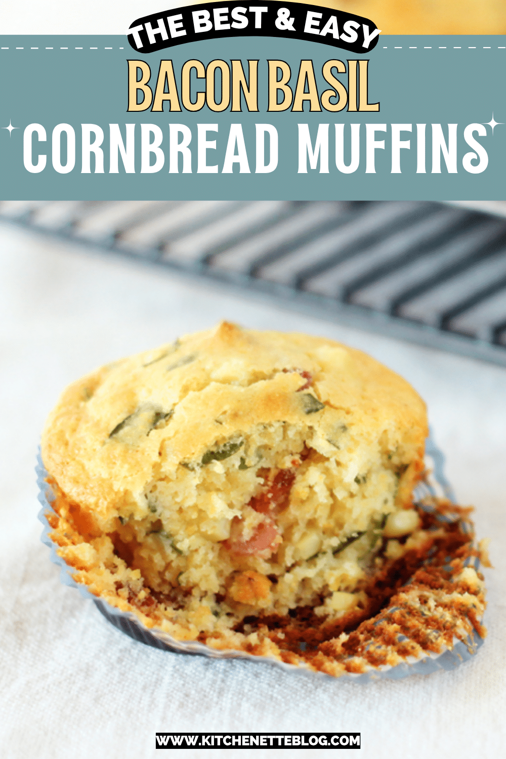 Bacon Basil Cornbread Muffins ready to be pinned
