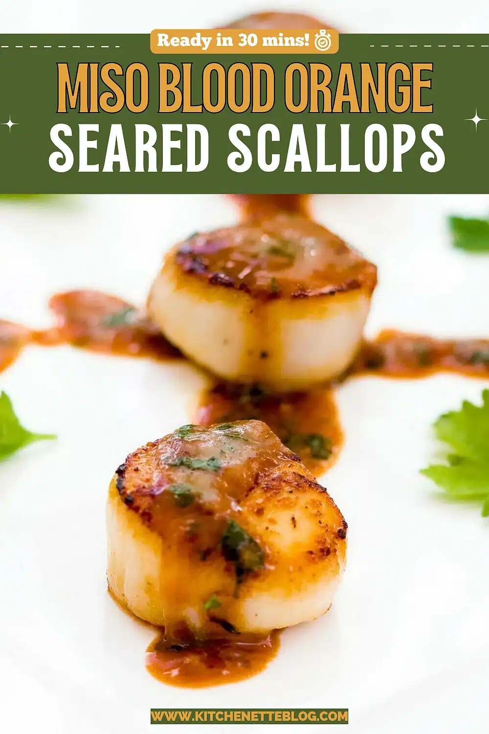 Scallops with caramelized golden crusts on a white square plate, drizzled with a rust orange sauce and flat leaf parsley