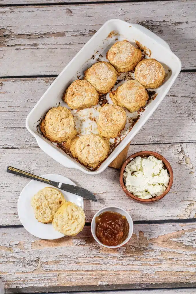 7Up biscuits baked in a white dish, seen from directly above