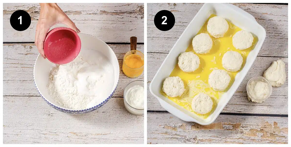 Two steps: soda poured into the baking mix, then cut rounds nestled in melted butter