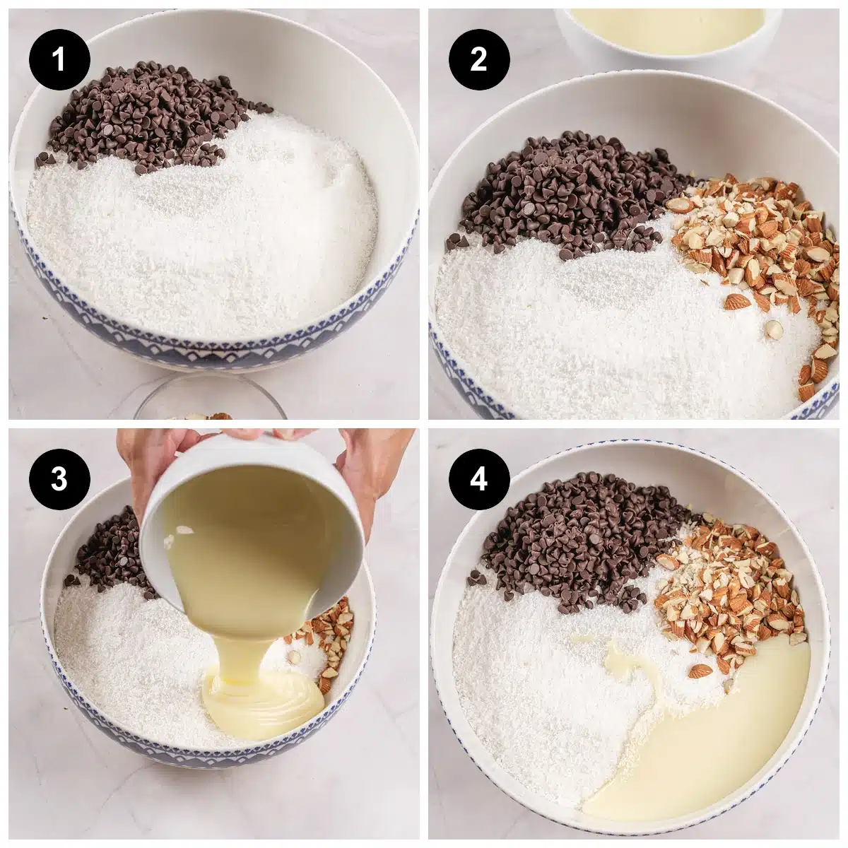 Four steps: coconut and chips in a bowl, nuts added, milk poured in, then stirred