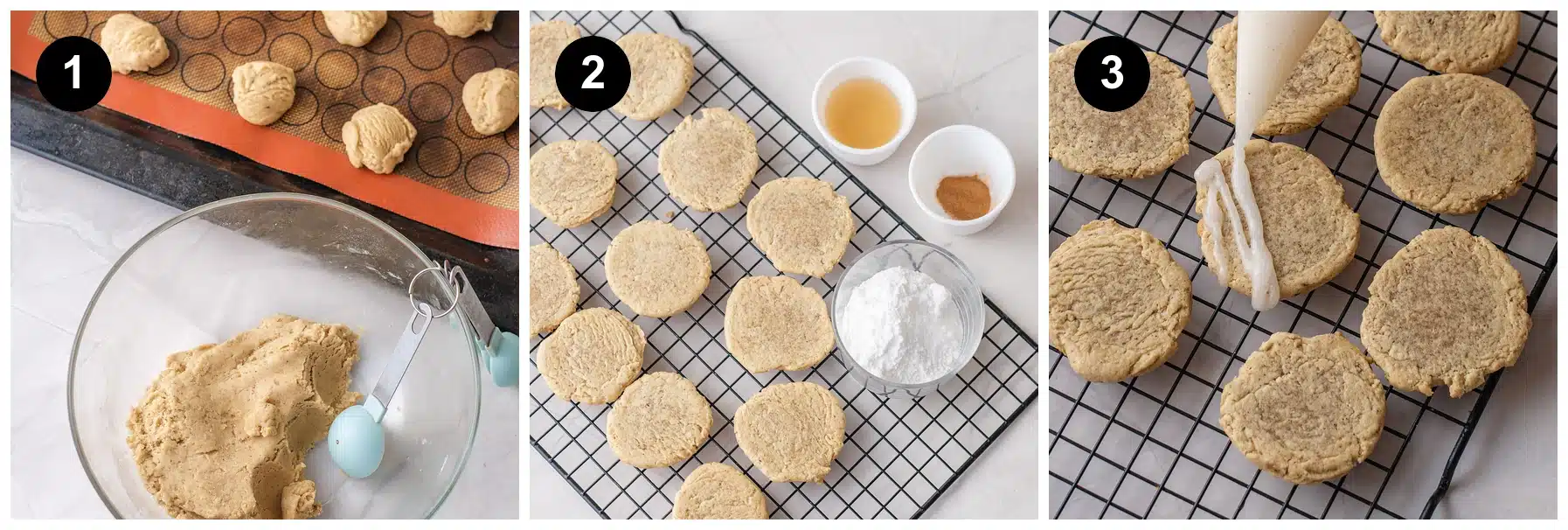 Three steps: dough scooped into balls on a lined baking sheet, the baked rounds cooling on a rack beside powdered sugar and cinnamon, and glaze piped over them from a bag