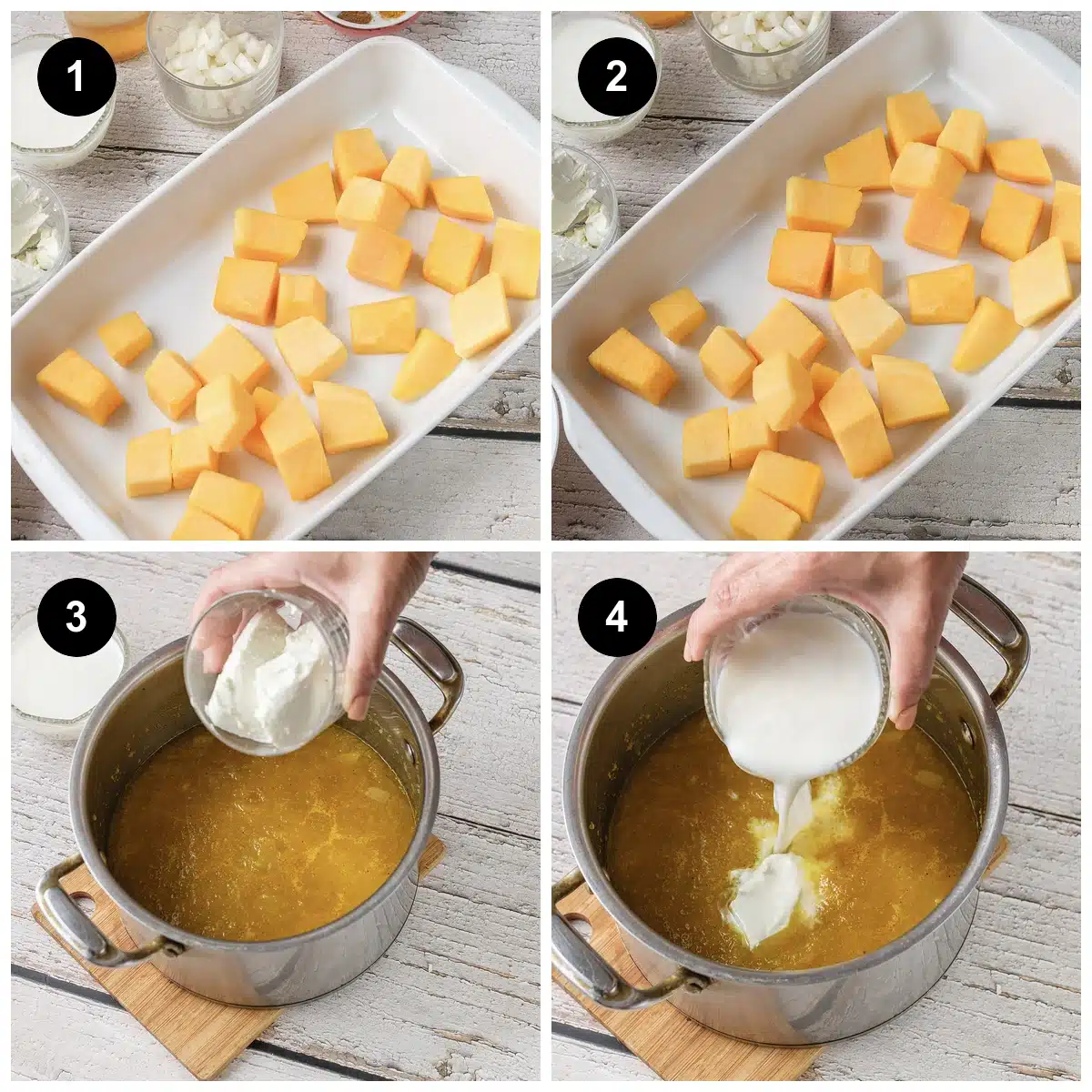 Four steps: cubes roasting, onion and carrot softening, the pot simmering, then blended smooth