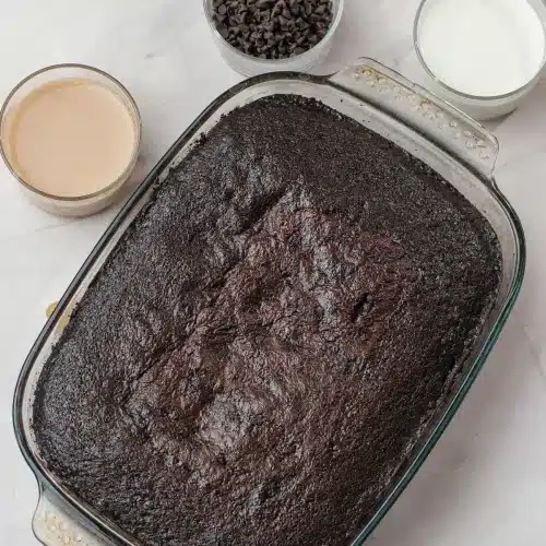 The baked chocolate sheet cake in a glass dish with Baileys, chocolate chips and condensed milk beside it