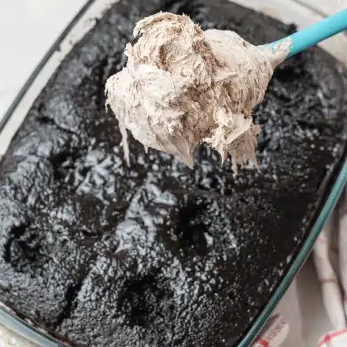 Cocoa whipped cream dolloped onto the chilled cake with a blue spatula