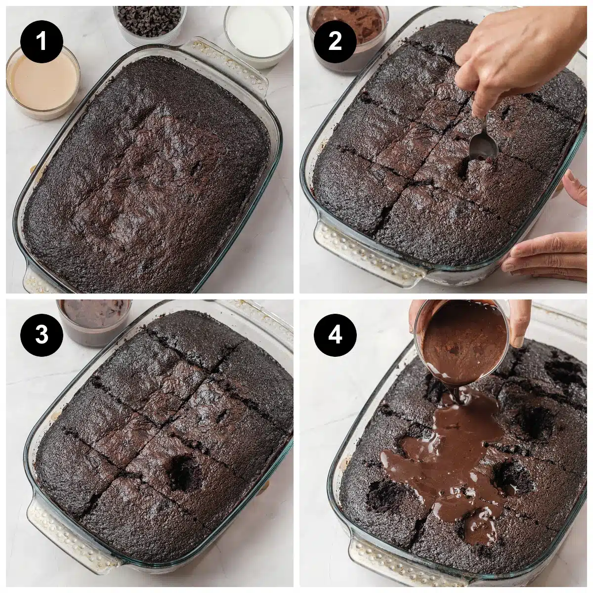 Four steps: the baked sheet in a glass dish, holes made across it with a spoon handle, the filling ready in a bowl beside the dish, and the filling poured over the top
