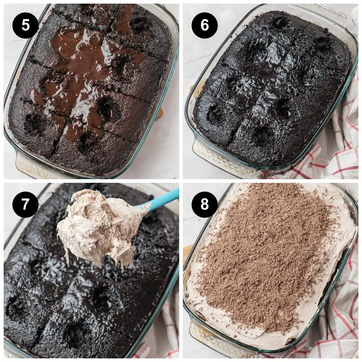 Four steps: the filling spread into the holes, the soaked base set and glossy, whipped topping dolloped on with a spatula, and the topping spread and dusted with grated shavings